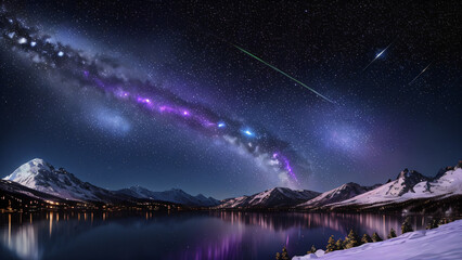 Milky Way Over Snowy Mountains and Mirror-Lake at Night