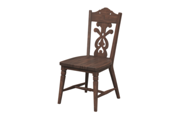 A rustic dark brown wooden dining chair featuring an intricately carved backrest and sturdy turned legs, perfect for a farmhouse aesthetic. background removed