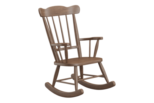 A classic wooden rocking chair with a dark wood finish, featuring a high slatted back and armrests, ready for relaxation. background removed
