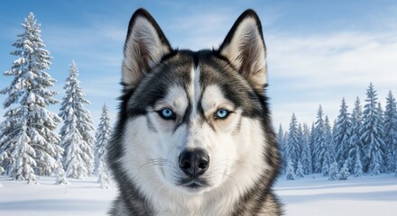 Obraz premium Majestic husky portrait in a snowy winter forest landscape