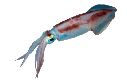 A vibrant, translucent squid with reddish-brown markings and striking blue eyes, showcasing its detailed body and tentacles against a plain transparent background. background removed