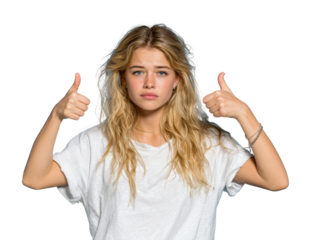 Girl showing mixed emotions with thumbs up portrait neutral isolated on transparent background