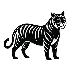 tiger silhouette standing, powerful striped predator vector logo.
