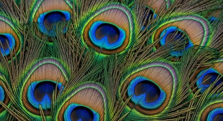 Fototapeta premium Close up of vibrant peacock feathers with intricate eye patterns