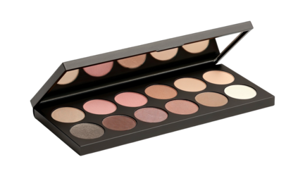 Eyeshadow palette open, twelve neutral colors displayed
