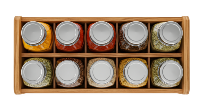 Colorful spice jars sit in a wooden rack. Product photography.