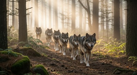 A pack of wolves walks in single file through a misty forest