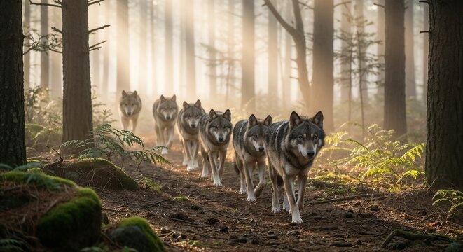 A pack of wolves walks in single file through a misty forest - Powered by Adobe