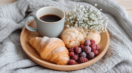 Cozy Breakfast Flat Lay with Coffee Croissant Raspberries and Pastries on a Wooden Tray with Soft Gray Blanket and Delicate White Flowers