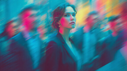 An elegant woman stands confidently amidst a blurred crowd of people, creating a striking contrast. The dynamic composition and artistic color palette evoke a sense of focus and determination. 