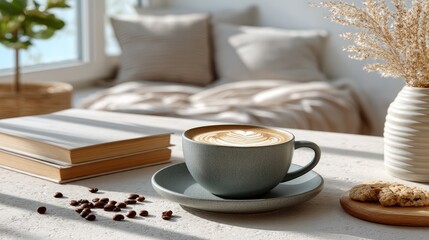 Cozy Cappuccino With Latte Art And Books On A Table In Natural Sunlight With Soft Pillows And Dried Flowers In A Vase In The Background