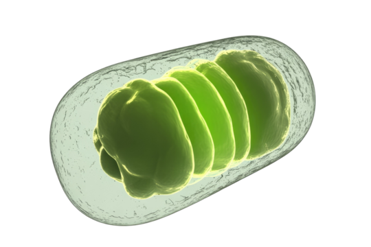 Microscopic 3D rendering of a vibrant green photosynthetic microorganism, likely a cyanobacterium or alga, encapsulated within a transparent protective layer. background removed