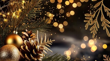 Festive Holiday Decorations with Gold Ornaments and Pinecones
