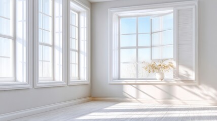 Fototapeta premium Minimalist interior design featuring an empty room corner, large windows casting sunlight onto a light wood atmosphere bright creating floor,