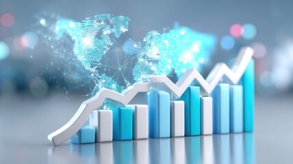 Bar chart presenting financial success and increasing revenue. Digital world map connectivity global in background
