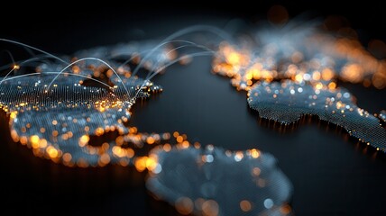 Global map showing digital dots representing cities and data flow connecting network in continents interconnected vast,