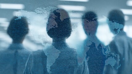 Business team looking at digital world map, illustrating global network, and data exchange international communication,