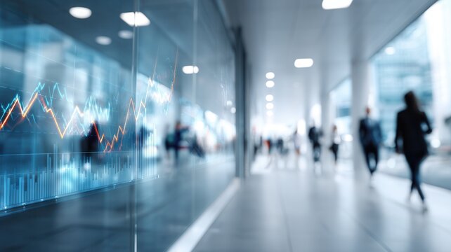Financial graph showing market data and investment trends on glass, blurring business people corridor modern walking corporate