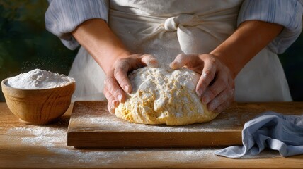 Person's hands kneading fresh dough a floured rustic board, wooden homemade preparing bread