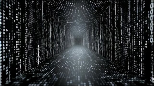 Digital Data Corridor: An immersive tunnel of binary code stretches into the distance, representing the complex world of technology, connectivity, and the digital realm.