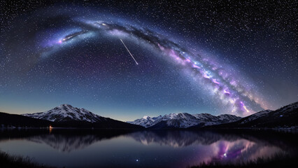 Cosmic Nightscape: Mountain Peaks & Milky Way Reflected on Lake
