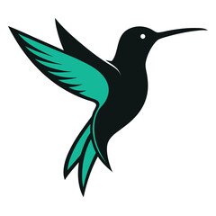Black and teal hummingbird vector logo in flight, dynamic bird icon.
