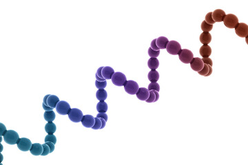 A vibrant, undulating chain of glossy spheres, transitioning from blue to purple to red-brown, suggesting molecular structure on a transparent background. background removed