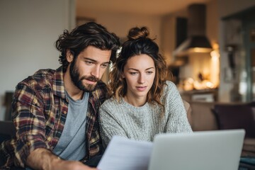 Tax Day Late. Young Woman and Wife Working Together on Laptop at Home