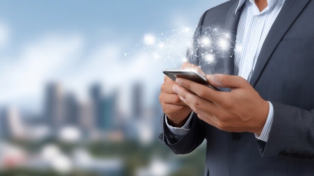 Businessman hands holding smartphone, connecting to global network and data, digital in telecommunication city