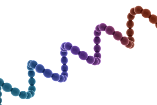 A vibrant, undulating chain of glossy spheres, transitioning from blue to purple to red-brown, suggesting molecular structure on a transparent background. background removed