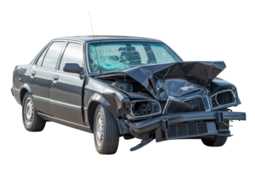 Severely damaged dark gray sedan with a crumpled front end, broken headlights, and a shattered windshield after a collision, isolated on green. background removed
