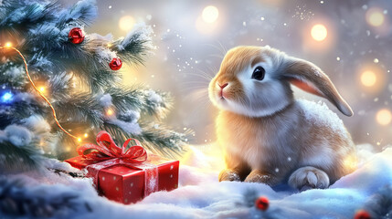 A Christmas bunny under the Christmas tree with a New Year's gift