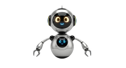 Silver robot with neon eyes shines. Digital rendering. Great for tech branding, children's media, or UI/UX design.