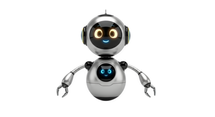 Silver robot with neon eyes shines. Digital rendering. Great for tech branding, children's media, or UI/UX design.