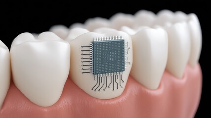 Illustration of Microchip Implantation within a Tooth, Highlighting Circuit Paths and Connections for Dental Technology Advancement