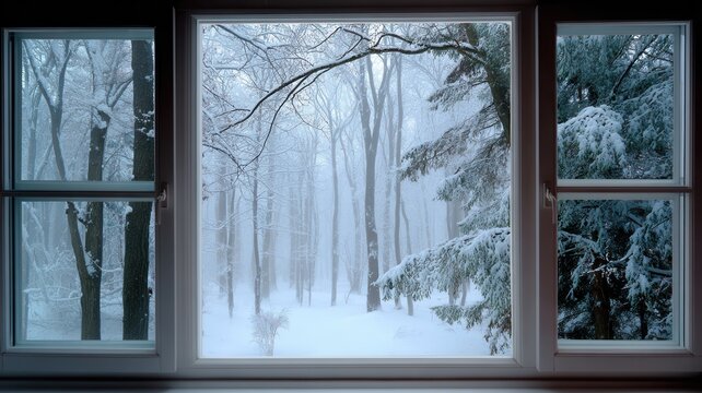 Window looking out a serene winter forest blanketed in fresh snow, creating scene frosty a tranquil