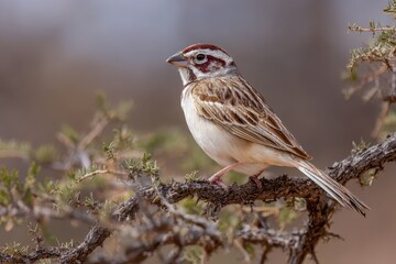 Fototapeta premium Texas Mesquite: Lark Sparrow, Bird Species in Palo Duro Canyon State Park, North America