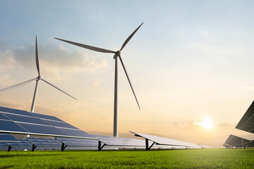 ESG solar and wind farm at sunset an energy transition and decarbonization concept