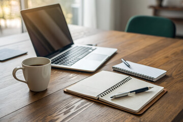 Modern home office setup with laptop, notebook, and coffee on wooden table. Bright morning light creates cozy yet professional atmosphere for remote work and creative tasks.