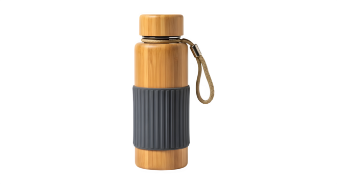 Bamboo bottle shows clean, minimal style with subtle wood grain texture on black. Useful for product photography, eco-branding, or poster design.