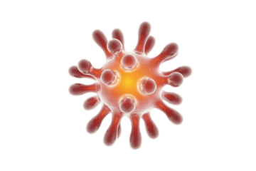 A 3D rendering of a red microscopic organism, possibly a virus, featuring spiky protrusions and a glowing core on a transparent background. background removed