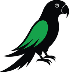 Black and green parrot vector logo, colorful tropical bird icon. Isolated exotic animal graphic for pet shop or travel design.