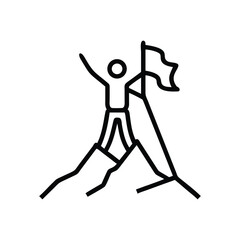 Triumphant person with raised arms standing atop mountain peak holding flag line art icon