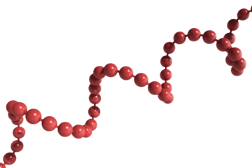 A winding chain of glossy red spheres connected by rods, forming a serpentine, molecular-like pattern on a dark transparent background. background removed