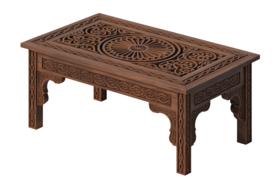 Exquisite carved wooden coffee table featuring intricate ornate patterns, a central circular motif, and decorative legs, highlighting skilled craftsmanship. background removed