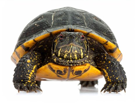 A head-on shot of a turtle with a patterned shell and yellow details