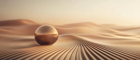 Microscopic sphere on rippled desert sand reflecting warm sunlight, suggesting advanced materials and nanotechnology in arid environments.