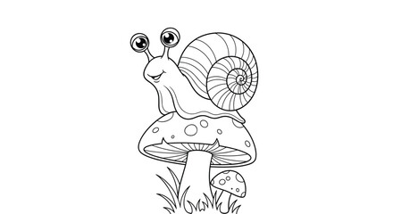 A whimsical cartoon snail with big eyes and a spiral shell sits atop a spotted mushroom in a grassy scene, perfect for coloring.