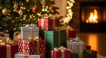 A stack of christmas presents under a tree with a fireplace in the background creating a cozy atmosphere