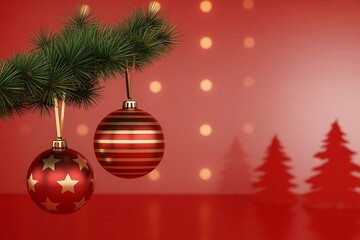 Two festive red and gold Christmas ornaments hang from a pine branch against a blurred red background with bokeh lights and tree silhouettes.